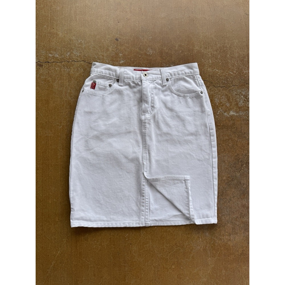 VTG 90s Guess White Denim Jean Skirt Mid Length Surfer Skater Y2K Women's 27W US